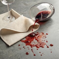 Close-up studio photograph of red wine spill on folded napkin with sharp detail and minimalistic commercial style on neutral background 
