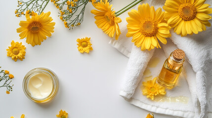 Gerbera daisies and a spa towel with natural face cream or body oil in a glass bottle on a white background.