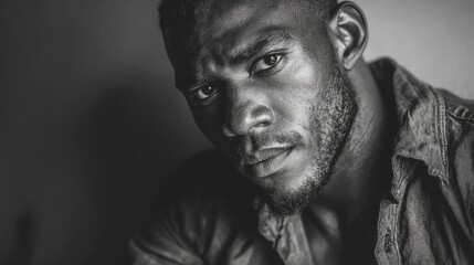 High-resolution hyper realistic black and white portrait of man wearing casual outfit with soft studio lighting and neutral intimate background, detailed expression captured at f/8 and 1/500s shutter