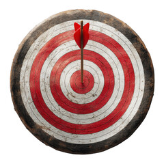 An arrow has successfully struck the bullseye of a wooden archery target. The target features concentric circles in red and white, indicating precise aim and skill during practice outdoors