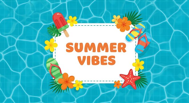 Summer Vibes Pool Background with Ice Cream and Flip Flops