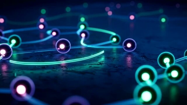 Cybernetic circuitscape nodes glow amidst interconnections