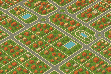 Isometric Vector Map of Suburban Neighborhood with Streets and Parks