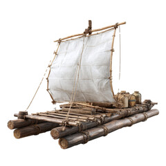 A handcrafted wooden raft featuring a simple sail drifts on tranquil waters, surrounded by nature. It serves as a means for exploration or fishing in an outdoor environment