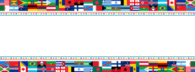 International Flags Border Design. Diverse Countries and Nations flag Banner for Global Unity and Multicultural Themes. world popular all flag horizontal banner or background design. 