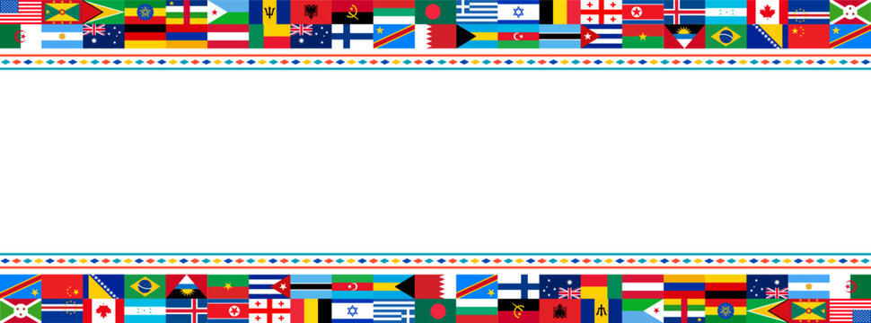International Flags Border Design. Diverse Countries and Nations flag Banner for Global Unity and Multicultural Themes. world popular all flag horizontal banner or background design. 