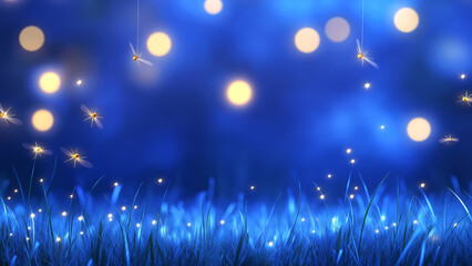 Magical nightscape with glowing fireflies and blue grass