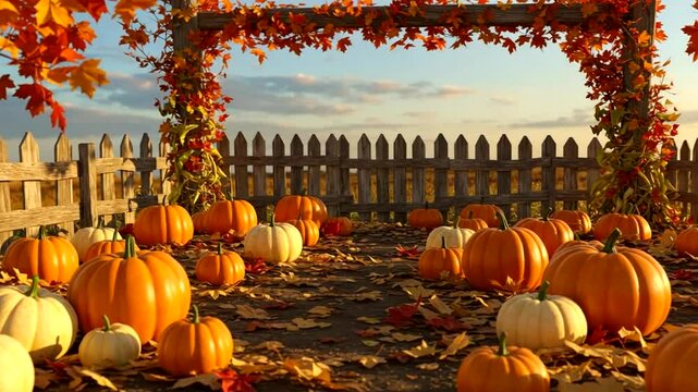 Pumpkin patch under autumnal arbor a rustic autumn scene