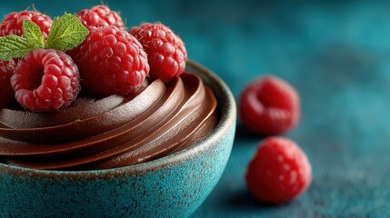 Indulge in rich chocolate mousse garnished with fresh raspberries on a teal background