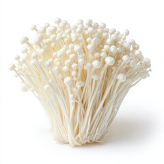 Fresh White Enoki Mushrooms Bunch Isolated on White Background Perfect for Culinary and Health Food Concepts