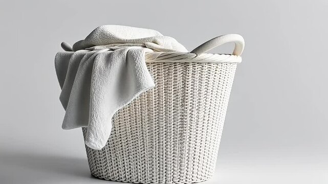 Minimalist Still Life: Crisp White Laundry Basket and Soft Towels for Textile Design