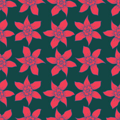 Cute seamless vector floral pattern. Endless print made of small purple and lilac flowers. Summer and spring motifs. Black background. Stock vector illustration.
