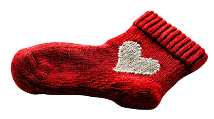 Red woolen sock with stitched white heart isolated on transparent background, representing love, warmth, and care, perfect for valentine's day or winter themes