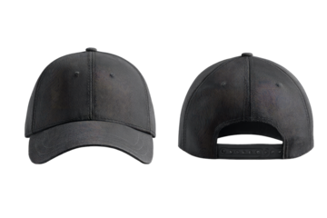 A dark gray baseball cap is shown from the front and back, displaying its structure and design details, including a curved brim and adjustable back closure
