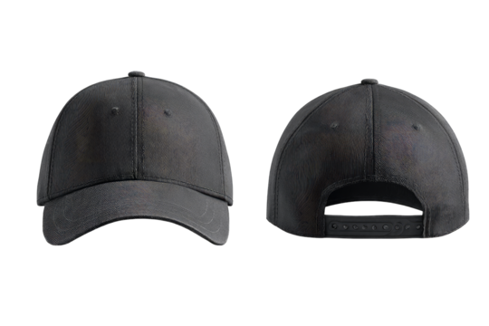 A dark gray baseball cap is shown from the front and back, displaying its structure and design details, including a curved brim and adjustable back closure