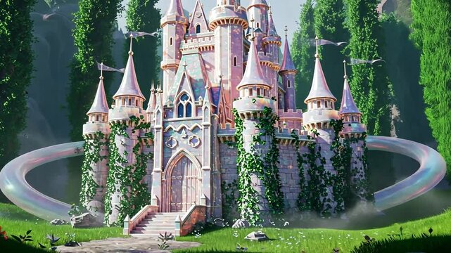 Pink Castle in a Green Forest with a Rainbow Arc