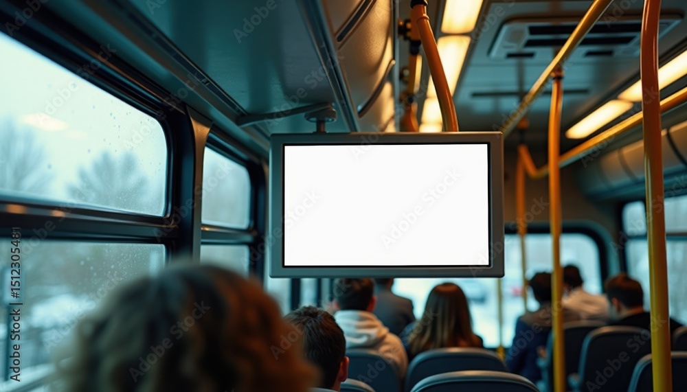 Poster people sitting on a bus with a blank screen overhead