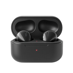 Wireless earbuds black bluetooth headphones noise cancelling earphones with charging case for music  on transparent background