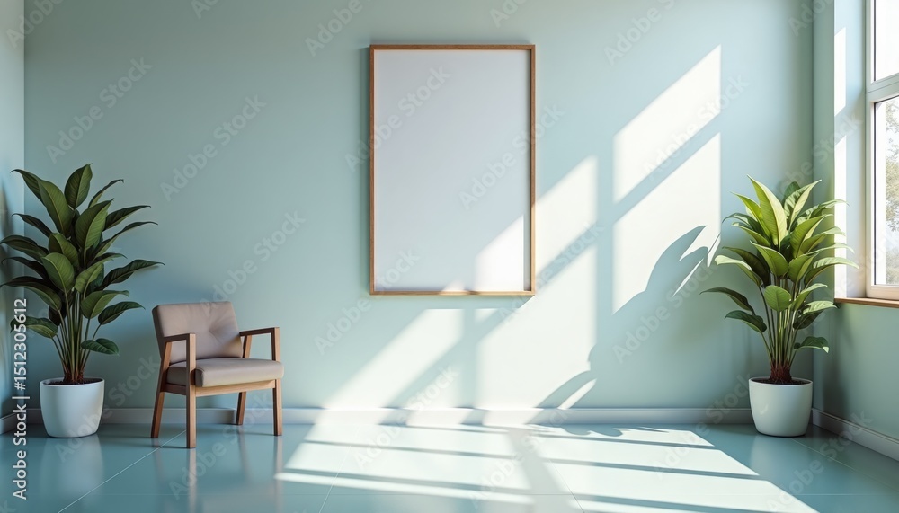 Poster minimalist room with empty frame and plants under soft sunlight