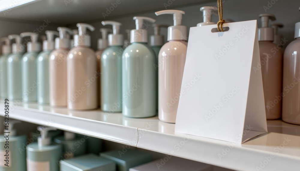 Poster pastel-colored skincare bottles lined on shelf with blank label