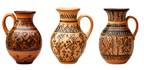  Three different designs of ceramic jugs decorated with intricate patterns, isolated on a transparent background