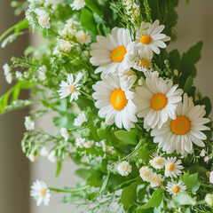 Beautiful bouquet and wreath arrangements of fresh white daisies and wildflowers with green foliage, perfect for spring or summer floral decoration concepts.