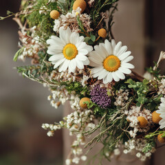 Beautiful bouquet and wreath arrangements of fresh white daisies and wildflowers with green foliage, perfect for spring or summer floral decoration concepts.