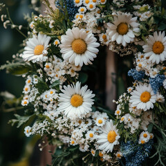 Beautiful bouquet and wreath arrangements of fresh white daisies and wildflowers with green foliage, perfect for spring or summer floral decoration concepts.