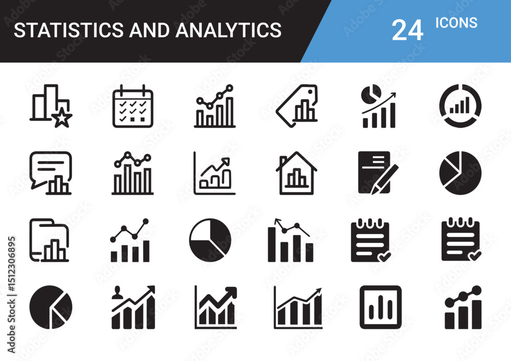 Poster icons of statistics and analytics: a comprehensive collection of meticulously crafted black and whit