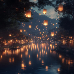 Thousands of glowing lanterns float above and across a tranquil riverside village at night, illuminating the water and sky with a magical festival ambiance.