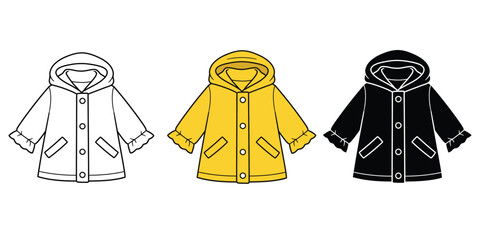 Cute Children&rsquo;s Raincoat Vector Bundle: Outline, Yellow, and Black Hooded Jacket for Apparel Design
