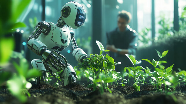 Robot Planting Seedlings in Lush Agricultural Field at Sunrise
