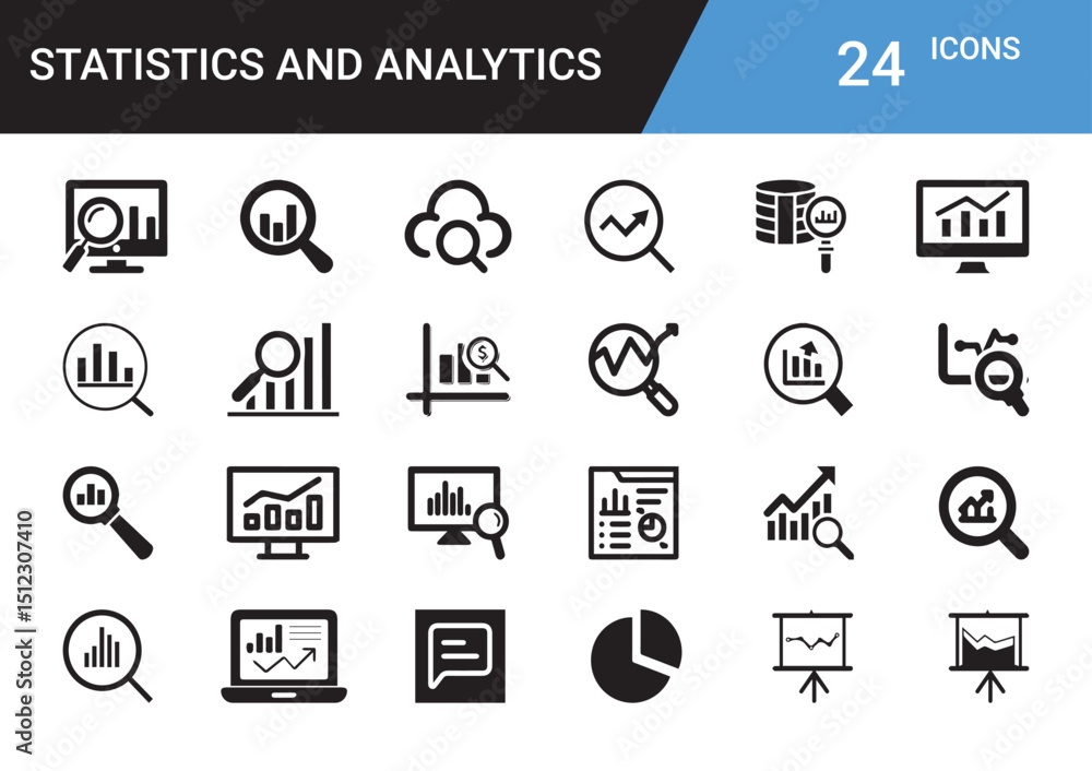 Poster visualizing data: an array of 24 meticulously crafted icons embodying the essence of statistics and 