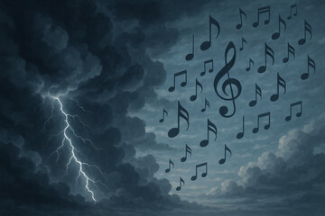 Musical notes floating in a stormy sky with lightning, symbolizing the harmony of chaos and creativity in a dramatic and surreal composition.