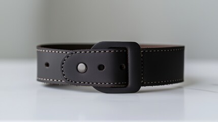 A black leather belt with a silver buckle.