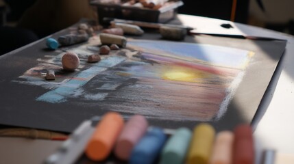 Chalk pastel art in progress on paper with dust and smudges for realism school art class theme 