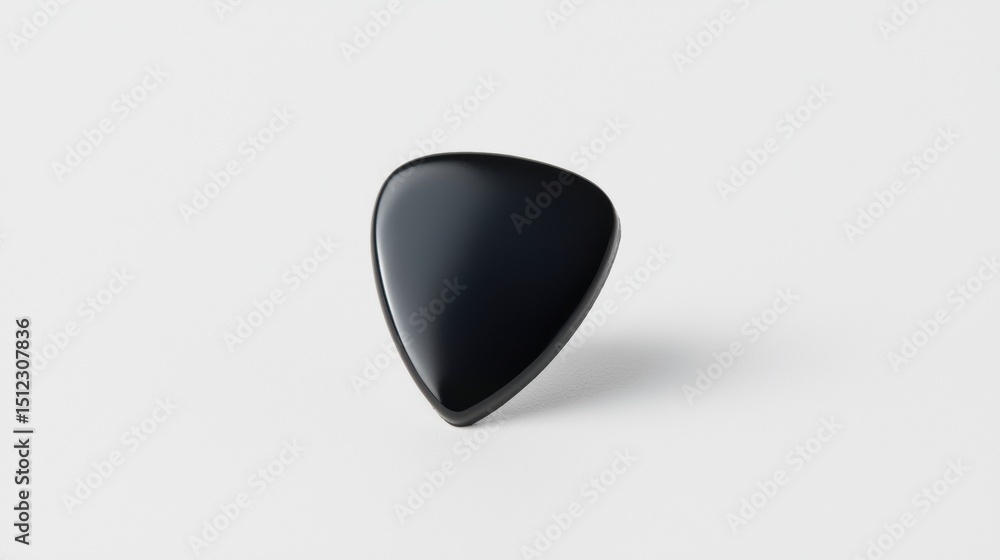 Poster a black guitar pick with a rounded top and pointed bottom.