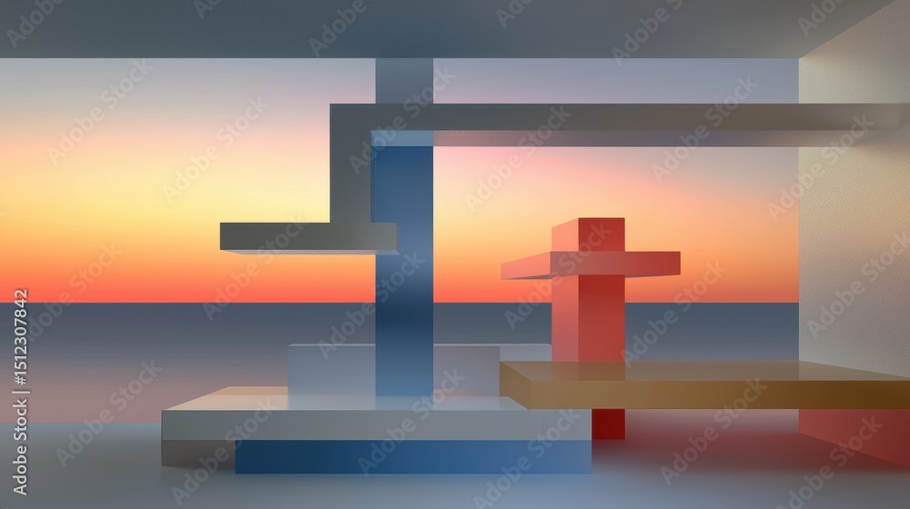 Poster a 3d rendering of a geometric structure with a red cross and blue and gray beams.