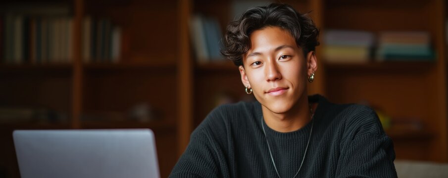 Focused non-binary student at desk in library for diverse educational representation