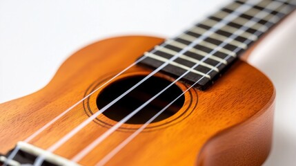 Obraz premium A brown ukulele with white strings.