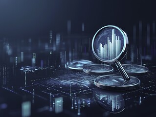 A digital illustration of coins and a bar chart with a magnifying glass and holographic effects on a dark blue background