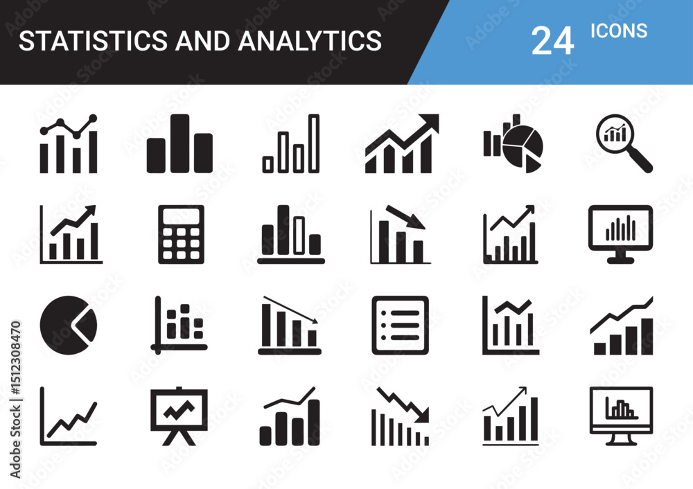 Poster statistics and analytics icon set: a comprehensive set of statistics and analytics icons in clean bl