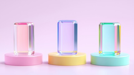 A trio of glass cylinders in pink, blue, and green sits on a yellow base, arranged in a row against a light purple backdrop.