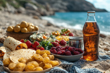 Bottle of beer and snacks on beach.
