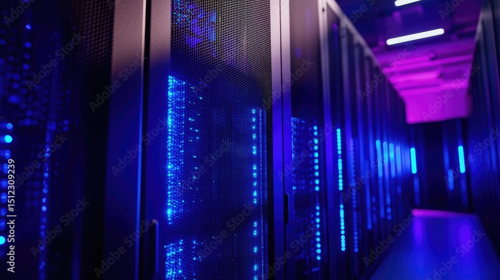 Poster close-up of glowing blue server cabinets in a high-tech data center with magenta ceiling lights, ide
