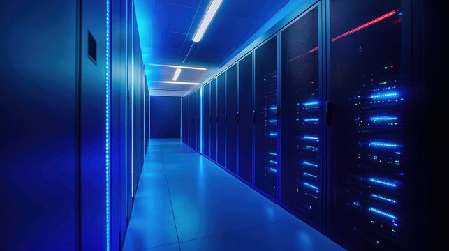 Advanced data center hallway illuminated in blue light with secure server cabinets and active network systems, ideal for cloud storage, IT services, and cybersecurity visuals