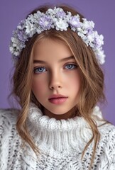 Fototapeta premium A beautiful girl of Slavic appearance, approximately twelve years old, poses for the camera against a light purple background.