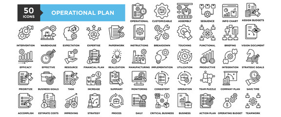 50 Operational Plan icon set. Containing design business, management, strategy, process, plan, development