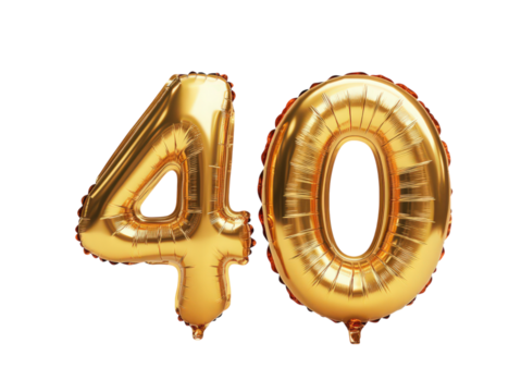 Golden 40 Balloon: A glittering golden "40" balloon, representing a significant milestone. The image features a close-up of the festive decoration, perfect for birthdays.