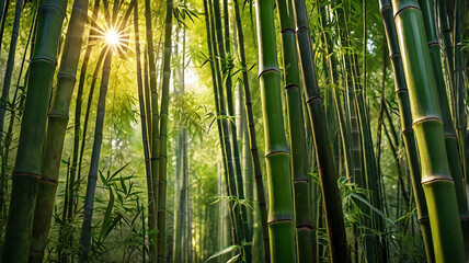 Fototapeta premium Sunlit bamboo forest lush green canopy